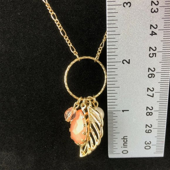LC Lauren Conrad Gold Tone Necklace Glass Pendant Pink Teardrop Long Chain - Picture 3 of 4